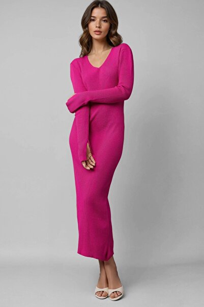 Hiccup MY FASHION V Yakalı Dokulu Uzun Triko Elbise