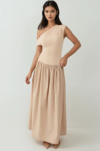 Hiccup Asymmetric Neckline Slim Fit Sandy Long Dress
