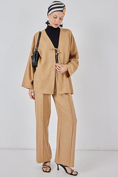 Hiccup Bdart Linen Blend Tie-Up Cardigan and Ribbed Detail Wide-Leg Pants Set