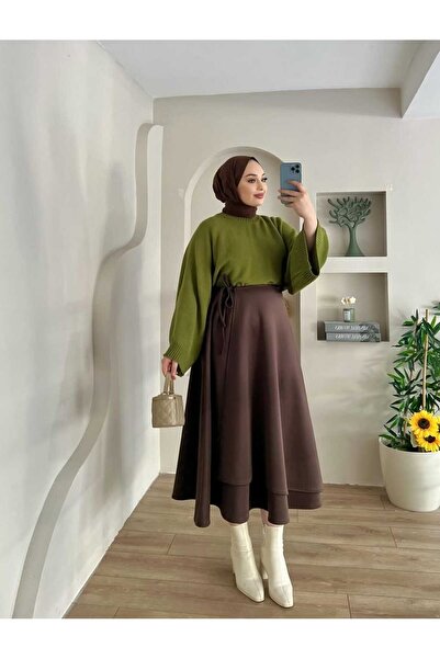 MELİNAY MODA Kadın Yeşil Yarasa Kol Kazak