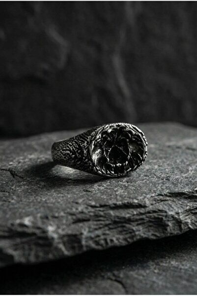 KARV Gümüş Renk Oyma Aslan Silüetli Şövalye Yüzük - Aslan Detaylı Erkek Yüzük