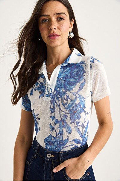 Hiccup Bluză de vară tricotată cu imprimeu digital, cu guler polo, Bianco Lucci