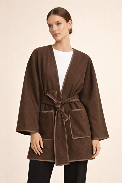 Kirazgym Kaşe Kimono with Double Pockets and Belt - Brown