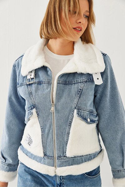 Hiccup Bianco Lucci faux fur denim jacket with belt