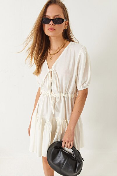 Hiccup Bianco Lucci Tamara V-neck mini dress with ties at the front