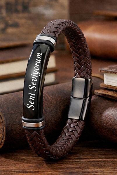 OSMANLI GÜMÜŞ Men's Leather Bracelet Black Steel Name-Engravable Brown Knitte...