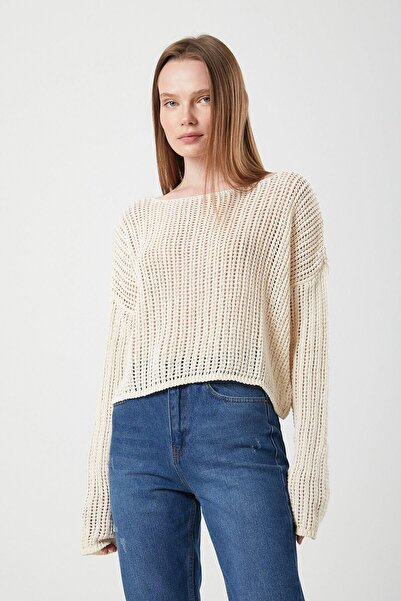Hiccup Mixray Openwork Boat Neck Crop Knit Top