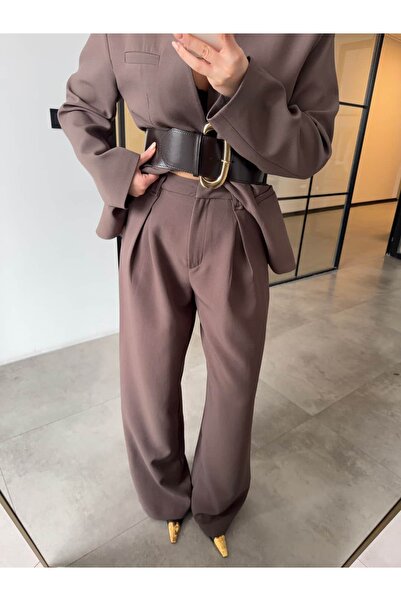 BB Bensu Buyruk Pleated Inner-Waisted Palazzo Pants Brown