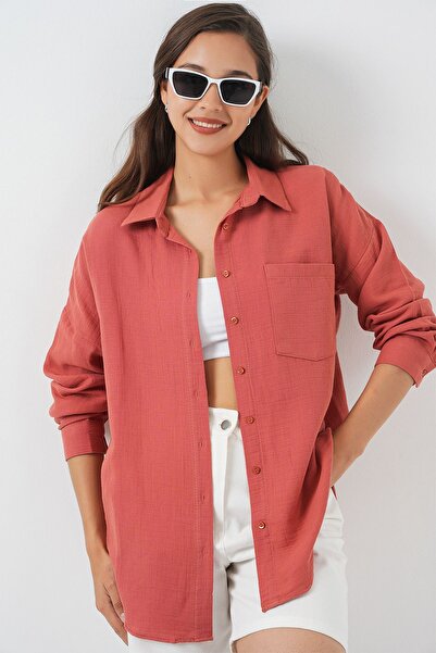 Hiccup Bdart Pocket Detailed Oversized Button Linen Blend Shirt