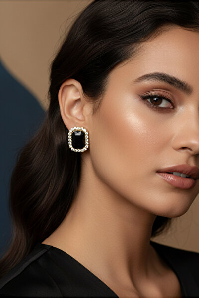 Happyline Siyah Taşlı Büyük Küpe Gold Kaplama Choker Tasma Kına Küpe Abiye Kü...