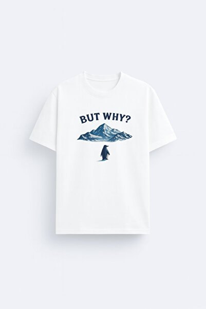 MODA Tricou alb cu guler rotund și imprimeu But Why Penguen Penguin