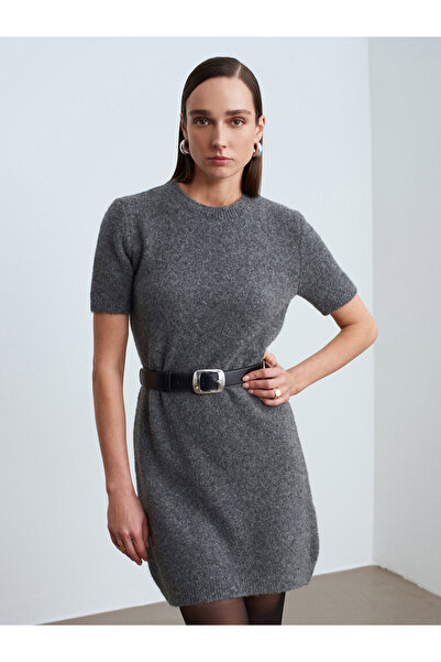 Dilvin 90257 Crew Neck Wool Blend Knitwear Dress-K.Fume M.