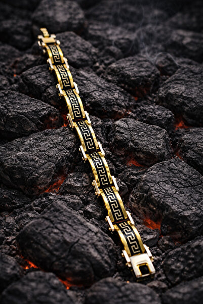 OSMANLI GÜMÜŞ Erkek Çelik Bileklik - Grek Desenli Sarı Düz Model Erkek Bileklik