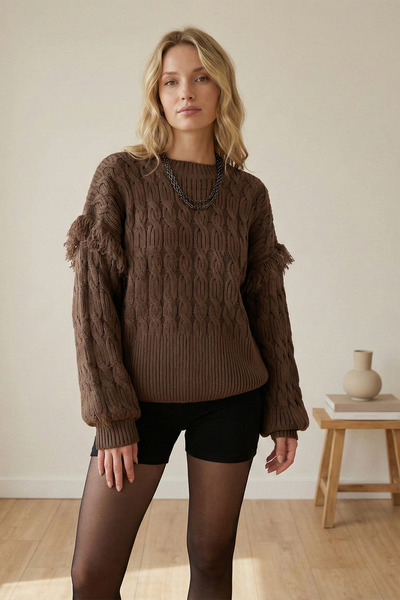 Kirazgym Women's Crew Neck Balloon Sleeve Tassel Cuff and Hem Elasticated Kni...