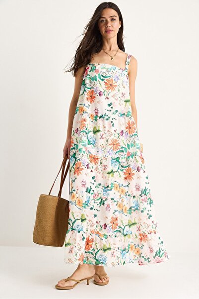 Hiccup Long linen dress with floral pattern, square neckline and straps, Bian...