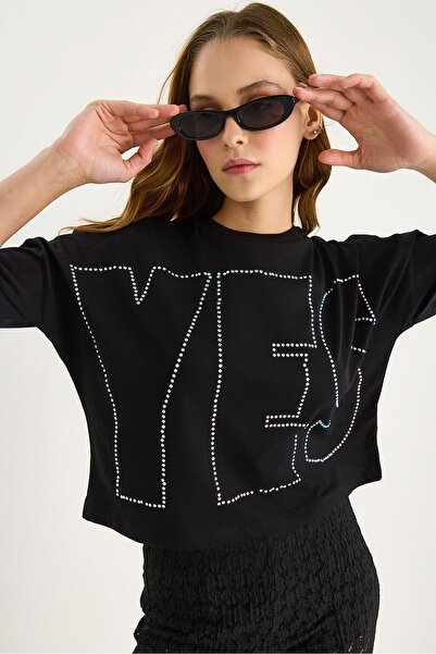 Hiccup Tricou Comfort Fit cu guler rotund și detalii cu perle