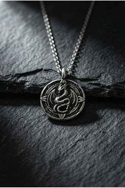 KARV Gümüş Renk Ejderha Kolye - Viking Rünik Yazılı Mitolojik Dragon Madalyon...