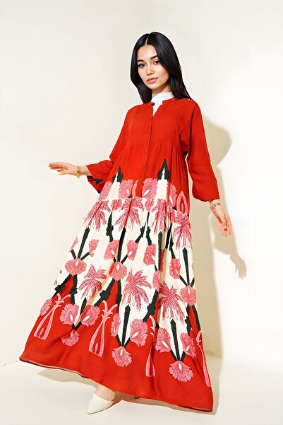 Hiccup BDART Düğmeli V Yaka Desenli Maxi Elbise