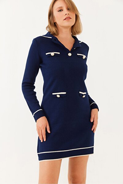 Hiccup Long-sleeved knitted mini dress with shirt collar and buttons, pocket ...