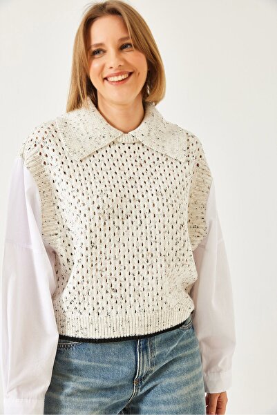 Hiccup Pulover tricotat cu guler cămașă Bianco Lucci, cu imprimeu ajurat