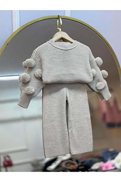 ArdenKids 2-8 Yaş Taş Rengi Ponponlu Kazak & Taş Rengi Triko Pantolon Takım