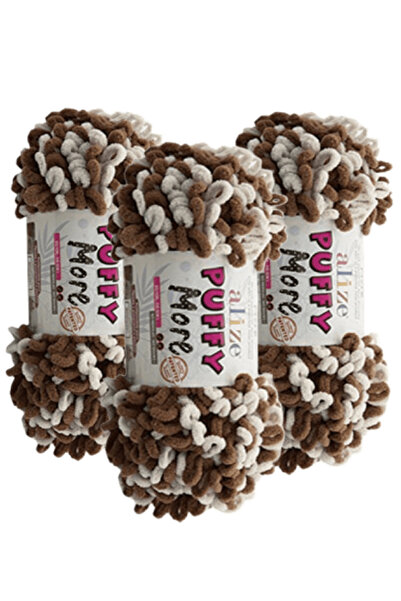 Alize Puffy More Hand Knitting Yarn 3 Pieces – 6627 Brown/Beige – 150 Gr. 11....