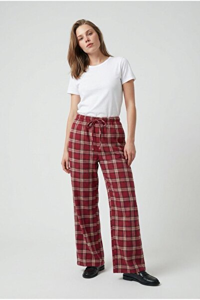Madmext Burgundy Elastic Waist Wide Leg Plaid Trousers Mg2658