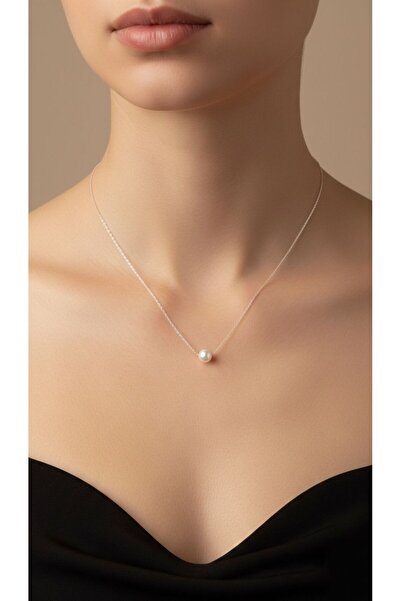 Usho Jewelry Minimal Tek İnci Detaylı Gümüş Kadın Kolye, 925 Ayar Gümüş