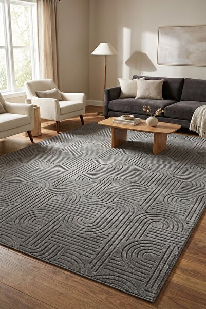 Evrimax Bohem Embos Halı Koyu Gri Premium Seri Yeni Nesil Kaymaz Taban Jel Ta...