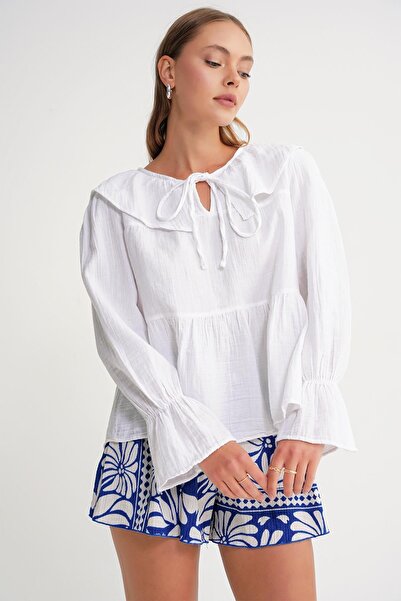 Hiccup Mixray Frill Shawl Collar Blues with Tie Closure