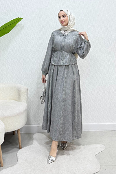 Tesettür Diyarı Natia Lace-Lined Linen Fabric Hijab Set - Dark Gray