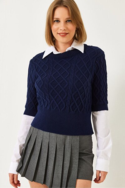 Hiccup Pulover tricotat cu împletituri și detaliu cămașă Bianco Lucci