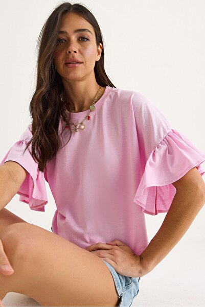 Hiccup Tricou din bumbac cu mâneci cu volane și guler rotund LUCCI