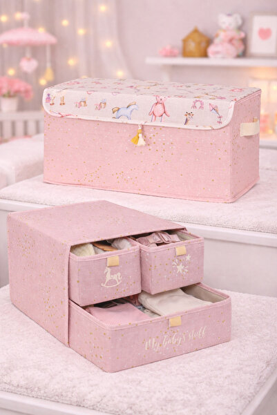PONÇİK BEBEK Set of 2 Maxi Toy Item Collection Boxes & 3-Compartment Drawer f...