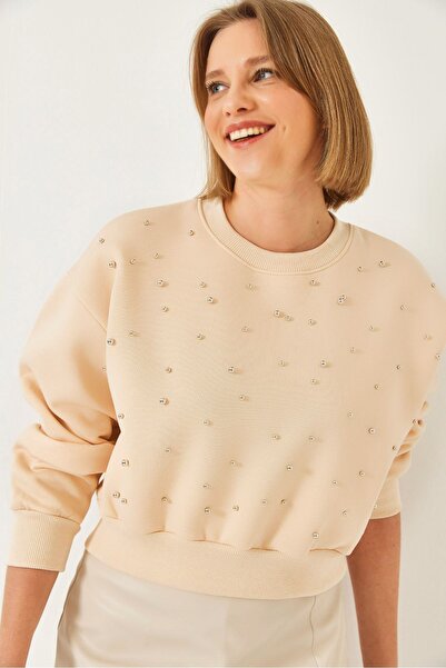 Hiccup LUCCI sweatshirt with round collar, pearls and triple brushed yarns