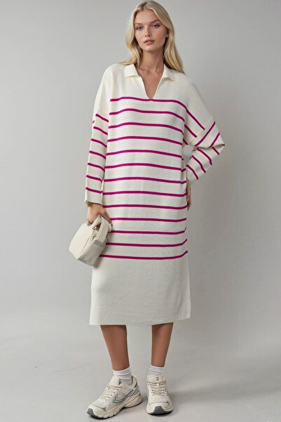 Hiccup Rochie midi tricotată cu dungi, decolteu în V, croială lejeră, cu crăp...