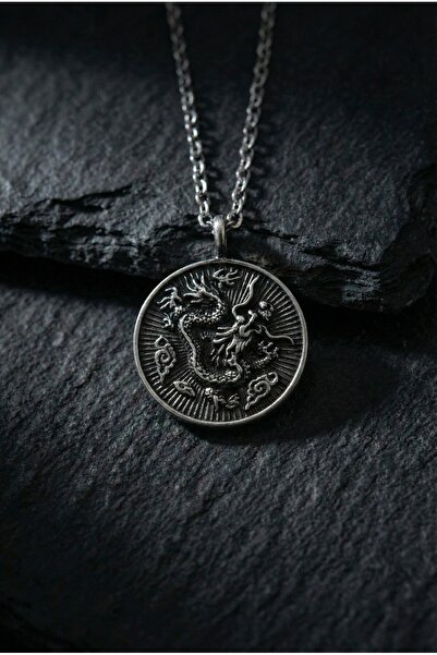 KARV Gümüş Renk Çin Ejderhası Kolye - Uzak Doğu Mitolojik Dragon Erkek Madaly...