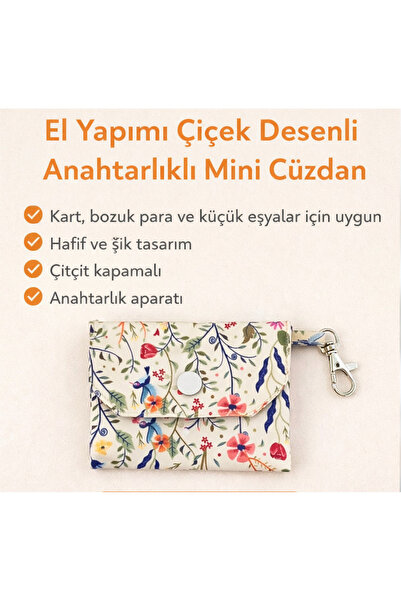 Tasarım El Yapımı Anahtarlıklı Mini Cüzdan – Çiçek Desenli / Düz Bej