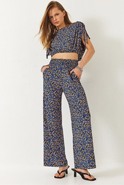 Hiccup Bianco Lucci two-piece set, Palazzo Pants with cuff ties, floral patte...