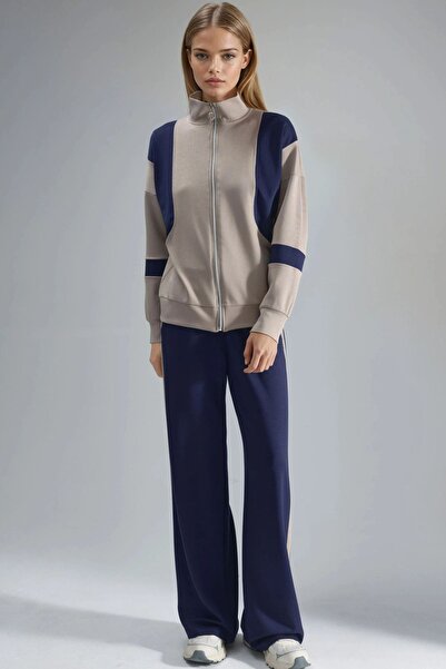 Hiccup Two-Piece Set with Modal Texture, Color Block Design, Zip-Up Collar an...