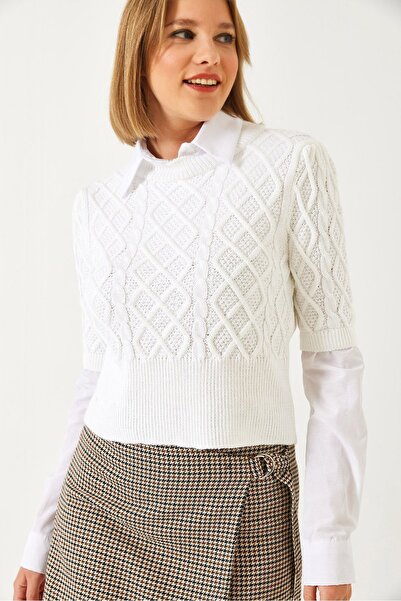 Hiccup Knitted sweater with braids and shirt detail Bianco Lucci