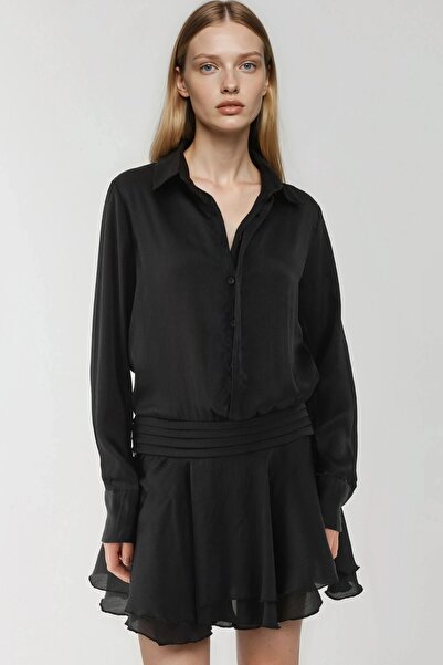 Hiccup Gömlek Yakalı Uzun Kollu Fırfırlı Mini Elbise