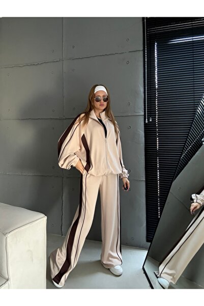 Mucha KADIN BEJ FERMUAR BLOK RENK DETAY MODAL KUMAŞ İKİLİ TAKIM