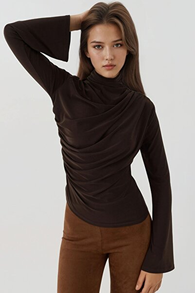 Hiccup Top elegant cu mânecă lungă, croială slim, cu guler rotund