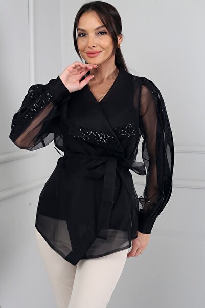 By Saygı Women's Strappy Blouse Turn-Down Collar Belted Organza Jacket Sequin...