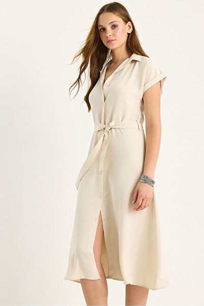 Hiccup V-neck button midi dress with border details