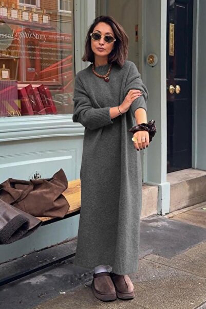 Madmext Ανθρακί Πλεκτό Γυναικείο Φόρεμα με Λαιμόκοψη Ποδηλάτου MG2611