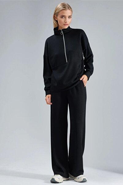 Hiccup Modal Textured Zippered Collar Wide Leg Two-Piece Suit Berşan Collection