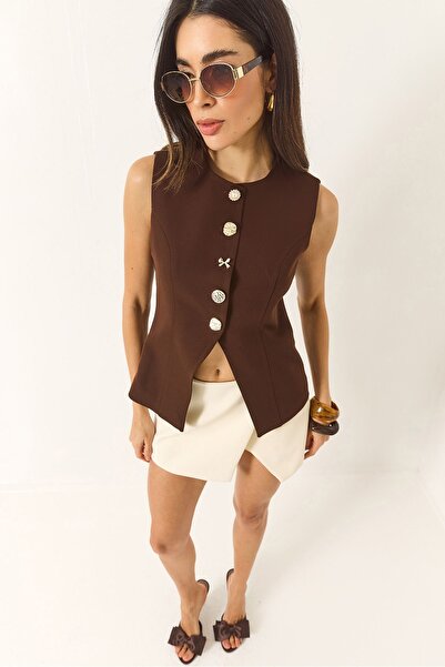 Hiccup Lined woven vest with regular lapel collar and gold buttons, Bianco Lucci