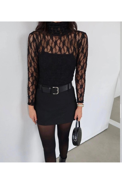 Chamakh Long Sleeved Stand-Up Collar Lace Women's Blouse Black